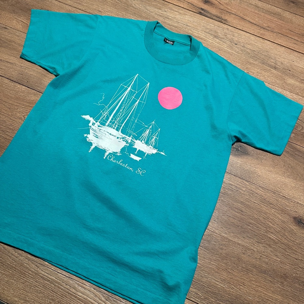 Vintage Unbranded Teal Charleston SC Sailboat Graphic T-Shirt Mens Large